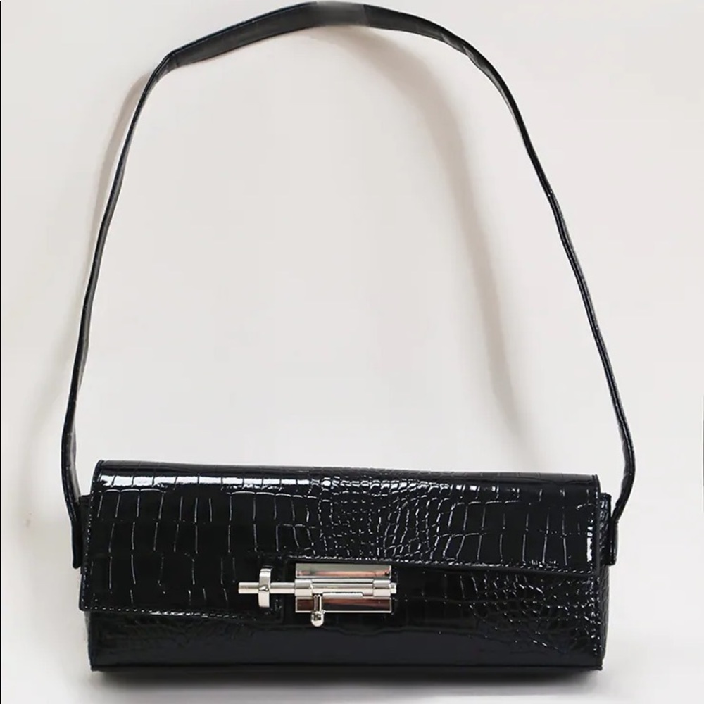 Black Croc Rectangle Baguette Bag